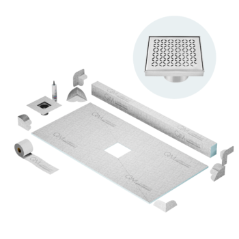 QM Center Shower Pan Kit 32" x 63" with 4" Lotus Square Drain in Polished
