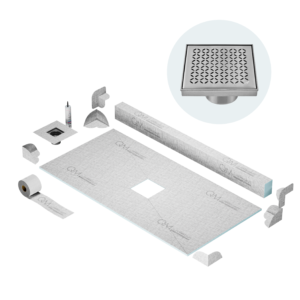 QM Center Shower Pan Kit 32″ x 63″ with 4″ Lotus Square Drain in Satin
