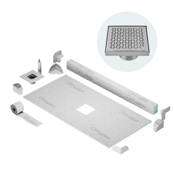 QM Center Shower Pan Kit 32" x 63" with 4" Lotus Square Drain in Satin