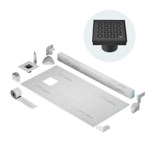 QM Off-Center Shower Pan Kit 32″ x 63″ with 4″ Lotus Square Drain in Bronze