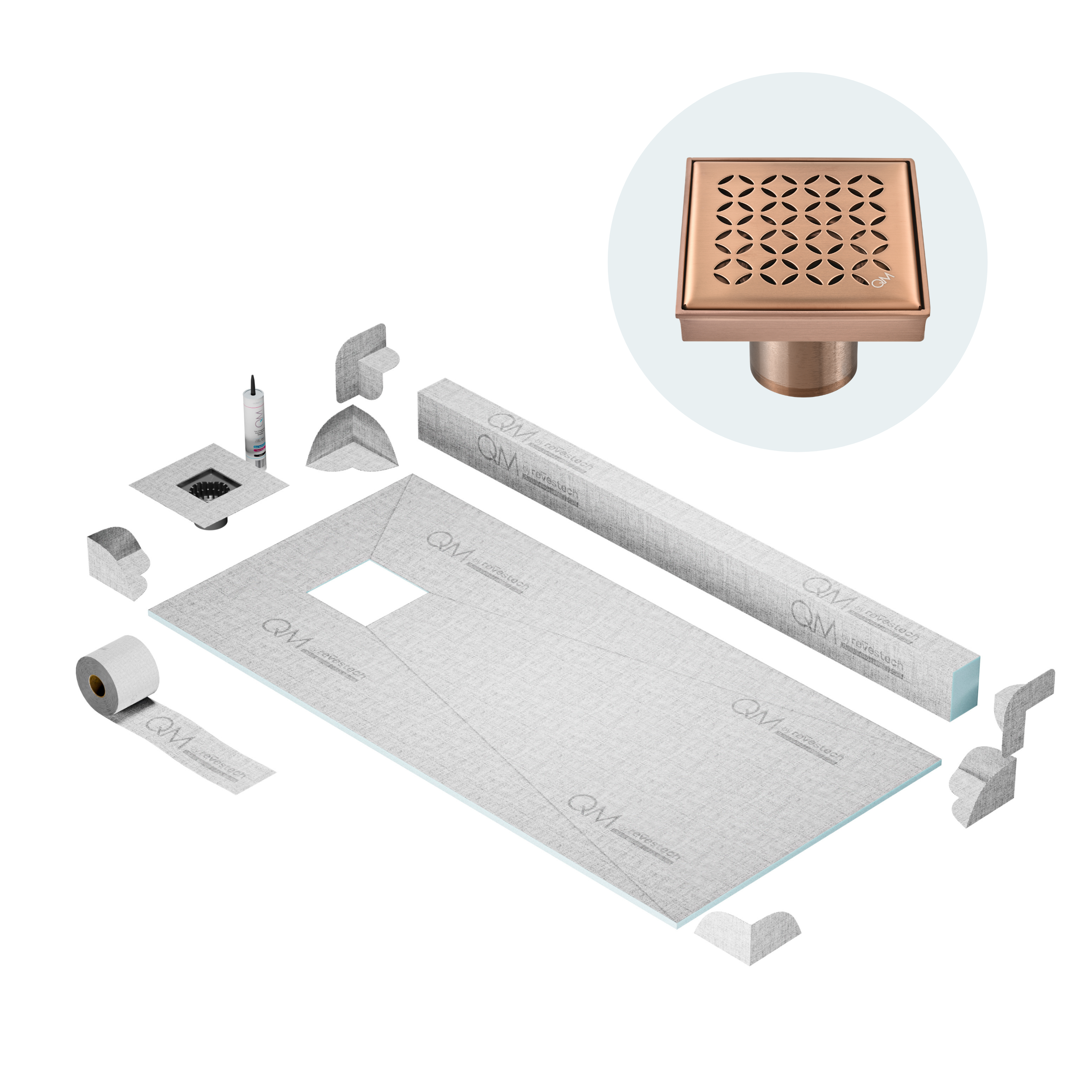 QM Off-Center Shower Pan Kit 32" x 63" with 4" Lotus Square Drain in Gold