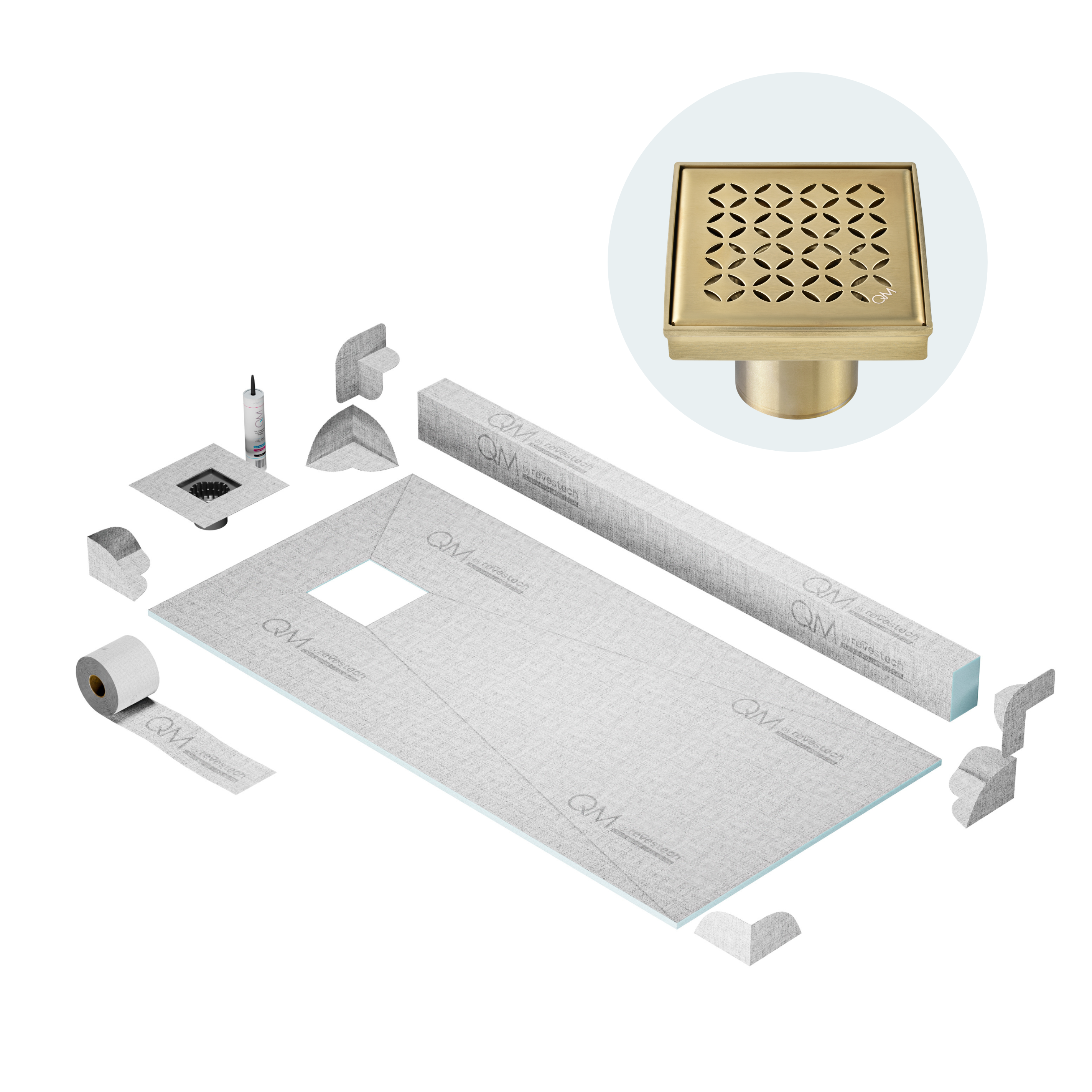 QM Off-Center Shower Pan Kit 32" x 63" with 4" Lotus Square Drain in Polished