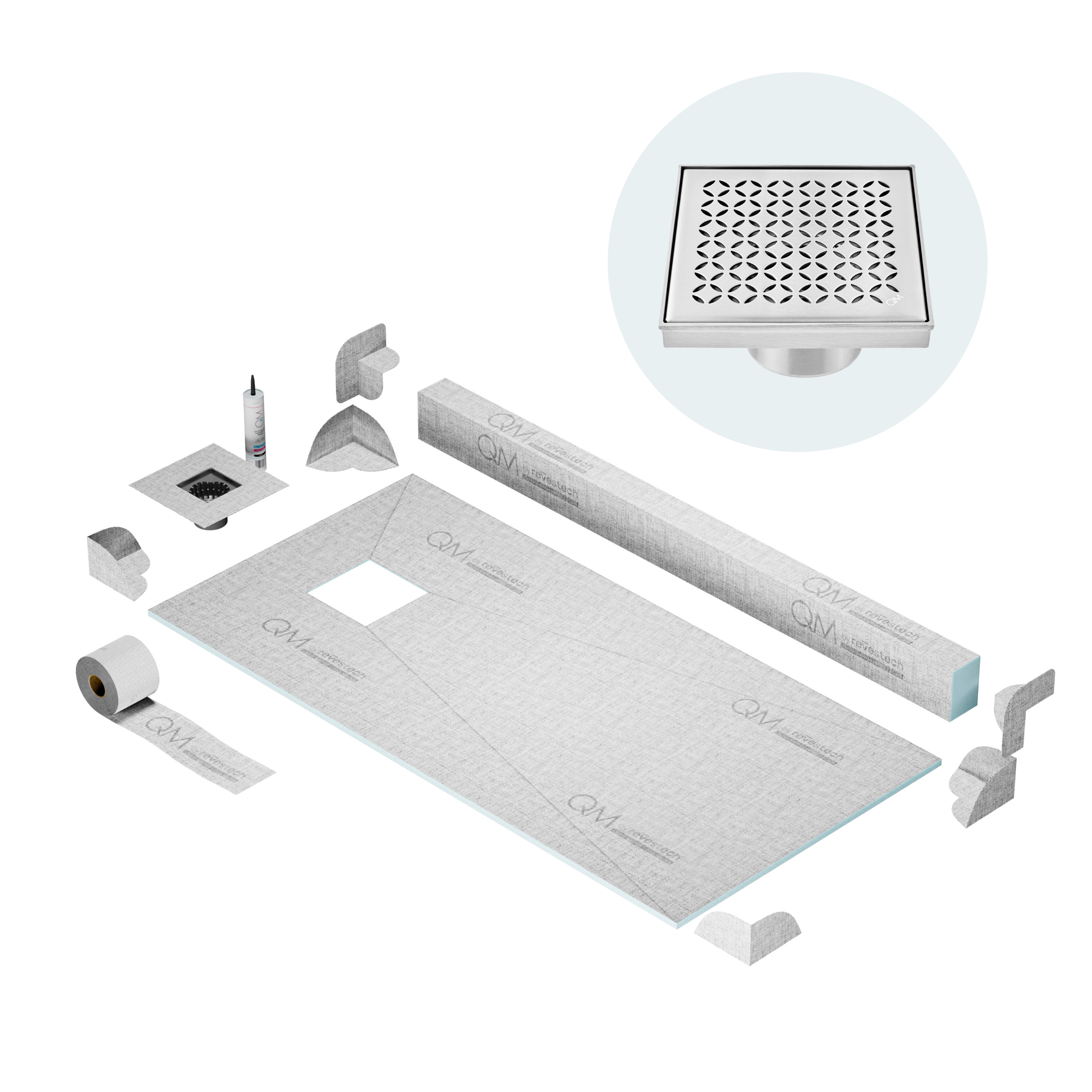 QM Off-Center Shower Pan Kit 32" x 63" with 4" Lotus Square Drain in Satin