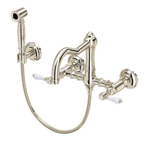 ROHL Acqui® Wall Mount Bridge Kitchen Faucet With Sidespray And Column Spout In Polished Nickel