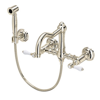 ROHL Acqui® Wall Mount Bridge Kitchen Faucet With Sidespray And Column Spout In Polished Nickel