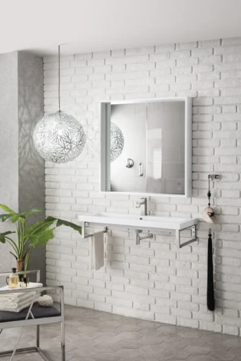 Two Boston 15.25" Wall Brackets, Brushed Nickel w/ 39.5" White Glossy Composite Stone Top - Image 3
