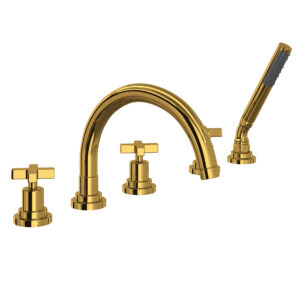 ROHL Lombardia® 5-Hole Deck Mount Tub Filler With C-Spout In Unlacquered Brass