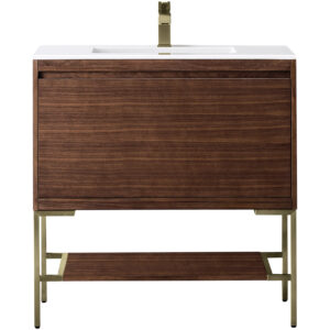 Mantova 35.4″ Single Vanity, Mid-Century Walnut, Champagne Brass Base w/ Glossy White Composite Stone Top