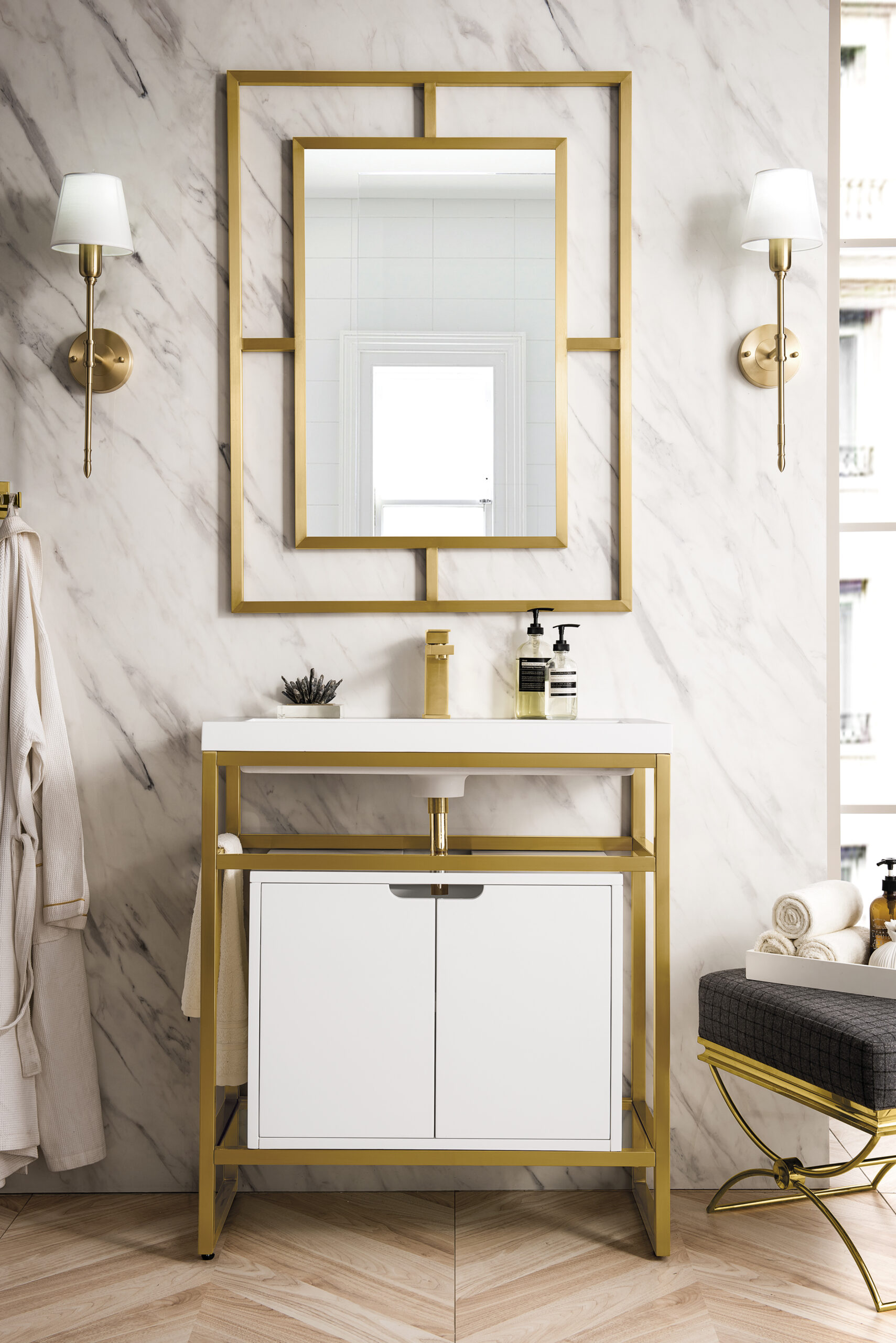 Boston 31.5" Single Console Vanity, Radiant Gold, Glossy White Storage, White Glossy Composite Stone - Image 2