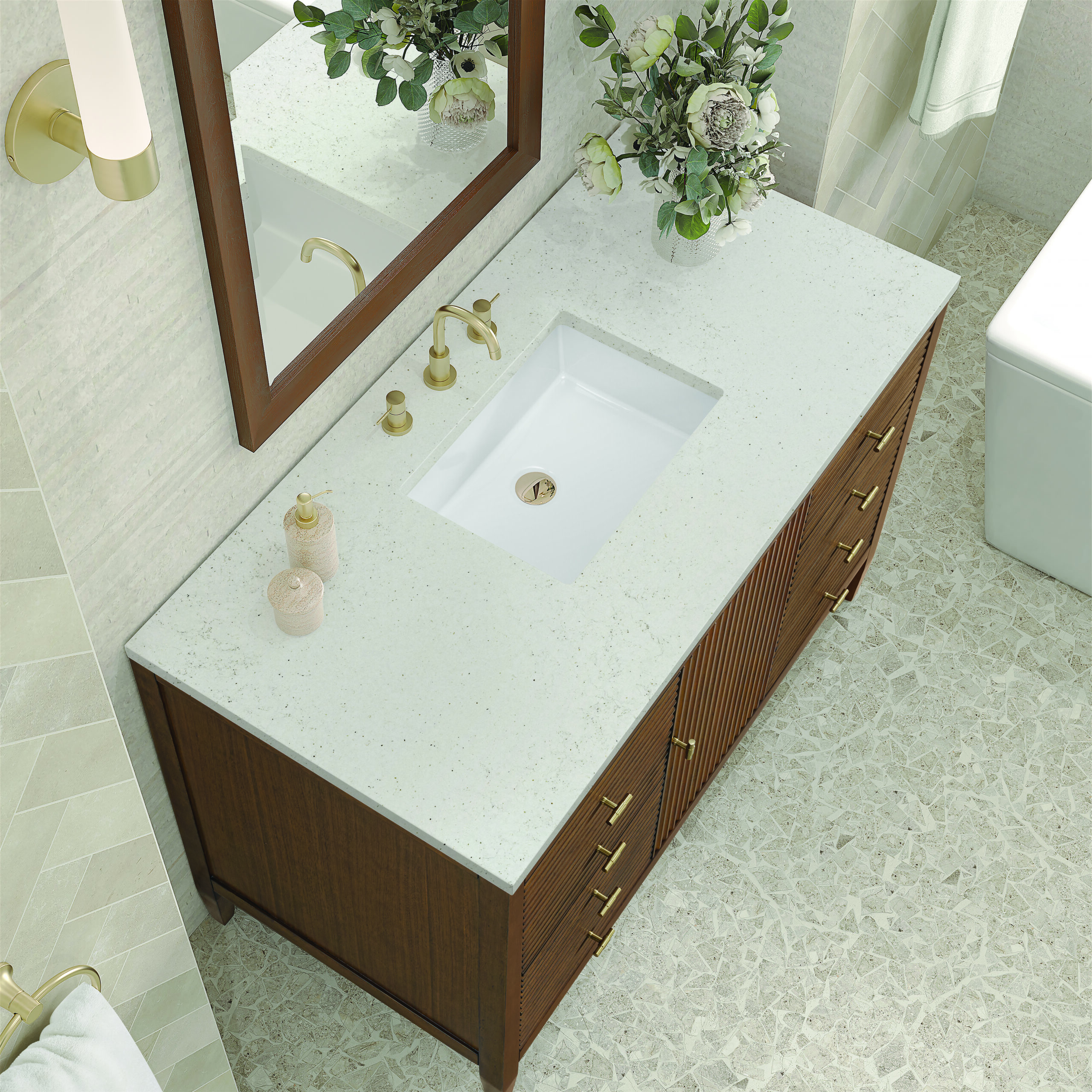Myrrin 48" Vanity, Mid Century Walnut w/ 3 CM Lime Delight Quartz Top - Image 5