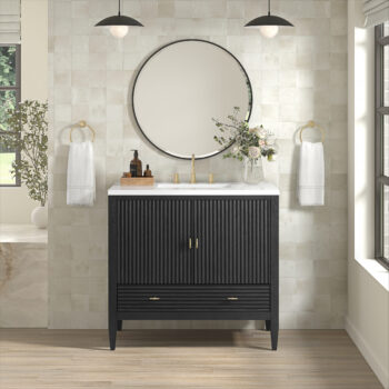 Myrrin 36" Vanity, Carbon Oak w/ 3 CM White Zeus Quartz Top - Image 2