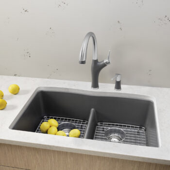 Blanco Diamond SILGRANIT 32" 50/50 Double Bowl Undermount Kitchen Sink with Low Divide - Cinder - Image 2