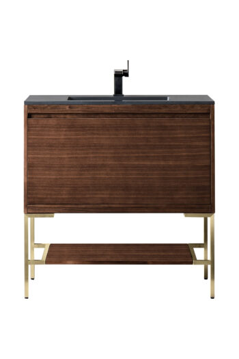 Mantova 35.4" Single Vanity, Mid-Century Walnut, Champagne Brass Base w/ Charcoal Black Composite Stone Top