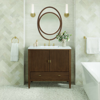 Myrrin 36" Vanity, Mid Century Walnut w/ 3 CM Arctic Fall Solid Surface Top - Image 2