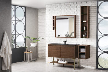 Mantova 47.3" Single Vanity, Mid-Century Walnut, Champagne Brass Base w/ Charcoal Black Composite Stone Top - Image 3