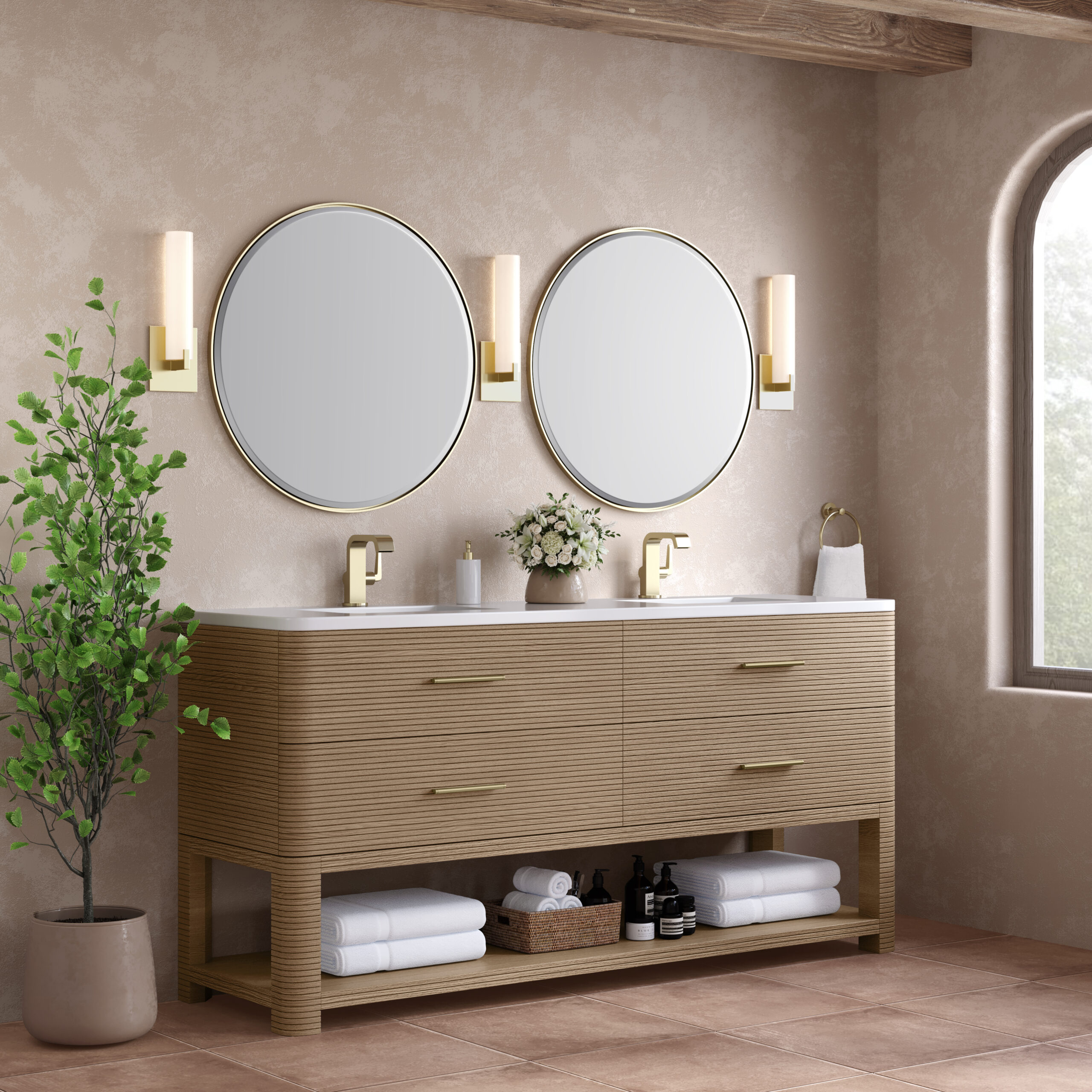 Lucian 72" Double Vanity, Pebble Oak w/ 3 CM White Zeus Quartz Top - Image 3