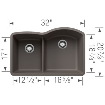 Blanco Diamond SILGRANIT 32" 40/60 Reverse Double Bowl Undermount Kitchen Sink with Low Divide - Volcano Gray - Image 3