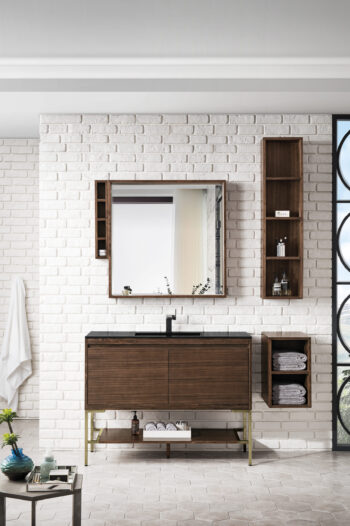 Mantova 47.3" Single Vanity, Mid-Century Walnut, Champagne Brass Base w/ Charcoal Black Composite Stone Top - Image 2