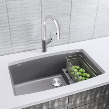 Blanco Performa Cascade SILGRANIT 32" Single Bowl Undermount Kitchen Sink with Colander - Metallic Gray - Image 3