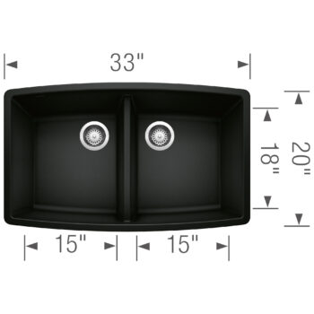 Blanco Performa SILGRANIT 33" 50/50 Double Bowl Undermount Kitchen Sink - Coal Black - Image 3