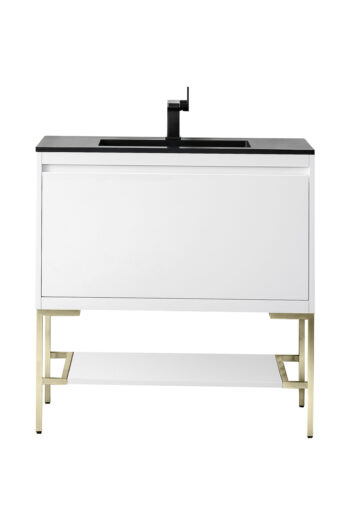 Mantova 35.4" Single Vanity, Glossy White, Champagne Brass Base w/ Charcoal Black Composite Stone Top