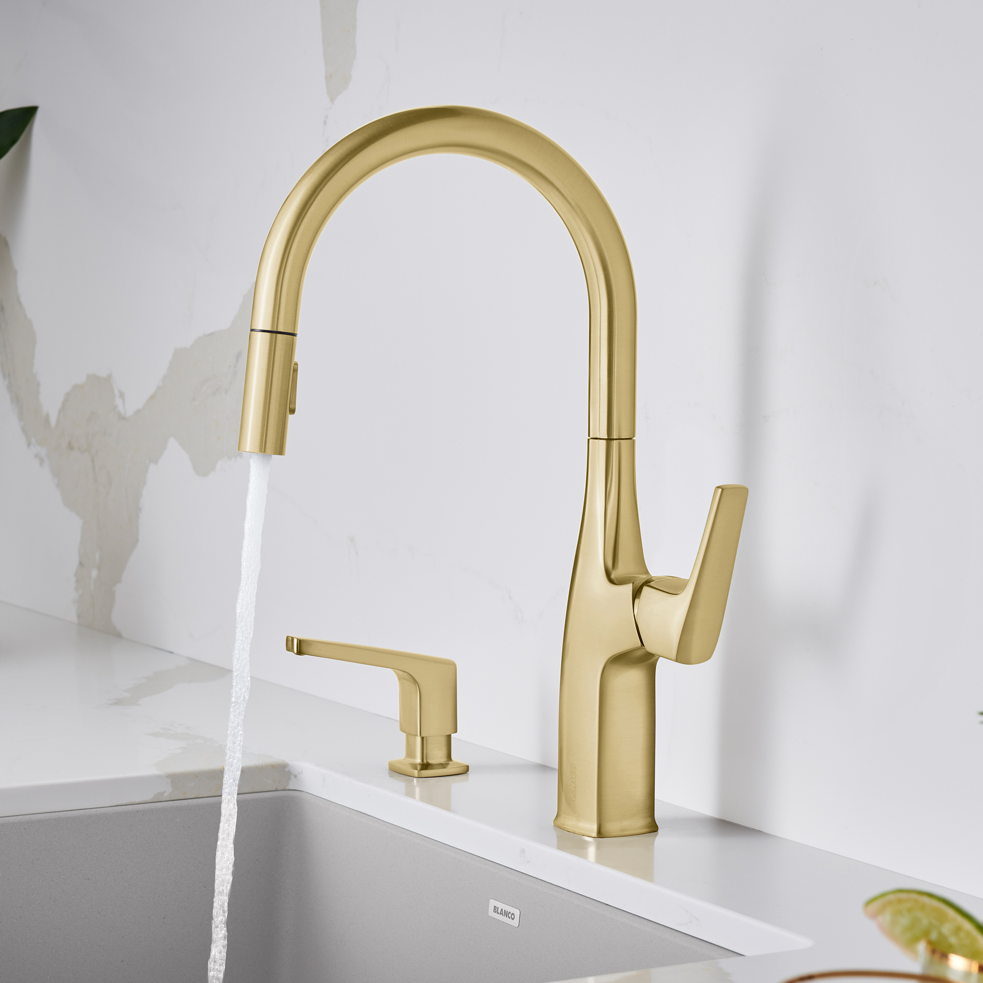 Blanco Rivana High-Arc Pull-Down Dual-Spray Kitchen Faucet 1.5 GPM - Satin Gold - Image 3