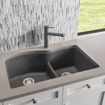 Blanco Diamond SILGRANIT 32" 60/40 Double Bowl Undermount Kitchen Sink with Low Divide - Cinder - Image 2