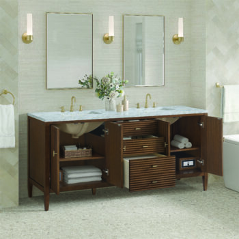 Myrrin 72" Double Vanity, Mid Century Walnut w/ 3 CM Carrara White Marble Top - Image 4