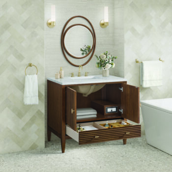 Myrrin 36" Vanity, Mid Century Walnut w/ 3 CM Arctic Fall Solid Surface Top - Image 4