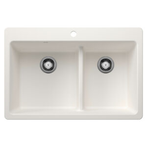 Blanco Liven SILGRANIT 33″ 60/40 Double Bowl Dual Mount Kitchen Sink with Low Divide – White