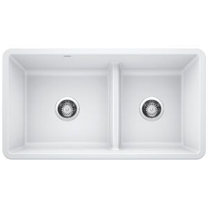 Blanco Precis SILGRANIT 33″ 60/40 Reversible Double Bowl Undermount Kitchen Sink with Low Divide – White