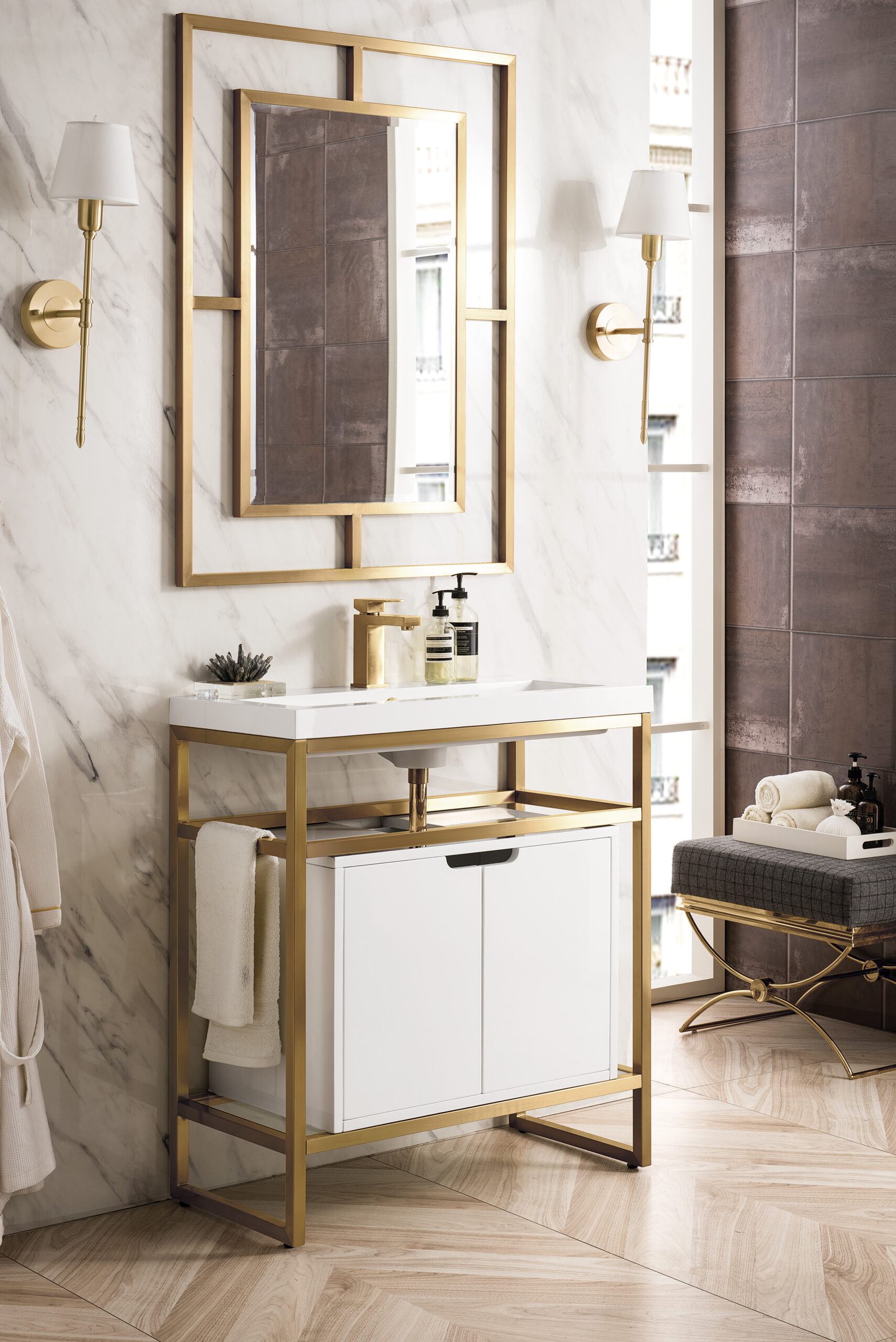Boston 31.5" Single Console Vanity, Radiant Gold, Glossy White Storage, White Glossy Composite Stone - Image 3