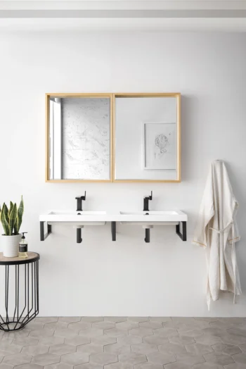 Three Boston 18" Wall Brackets, Matte Black w/ 47" White Glossy Composite Stone Top - Image 2