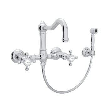 ROHL Acqui® Wall Mount Bridge Kitchen Faucet With Sidespray And Column Spout In Polished Chrome