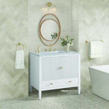 Myrrin 36" Vanity, Bright White w/ 3 CM Carrara White Marble Top - Image 3
