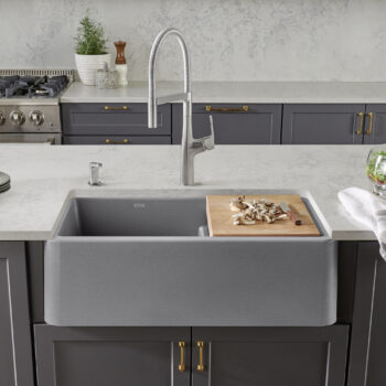 Blanco Ikon SILGRANIT 33" Double Bowl Apron-Front Farmhouse Sink with Low Divide - Metallic Gray - Image 2