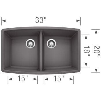 Blanco Performa SILGRANIT 33" 50/50 Double Bowl Undermount Kitchen Sink - Cinder - Image 3