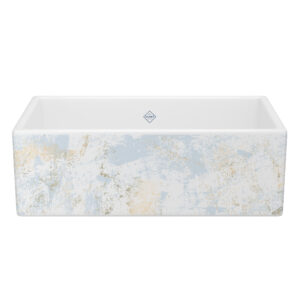 Shaws Shaker™ 33″ Single Bowl Farmhouse Apron Front Fireclay Kitchen Sink With Patina Design In Patina Blue/Gold