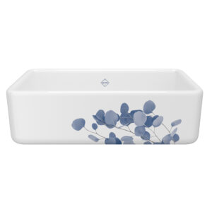 Shaws Lancaster™ 33″ Single Bowl Farmhouse Apron Front Fireclay Kitchen Sink With Eucalyptus Design In Eucalyptus Blue/Silver