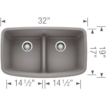Blanco Valea SILGRANIT 32" 50/50 Double Bowl Undermount Kitchen Sink with Low Divide - Metallic Gray - Image 4