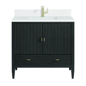 Myrrin 36″ Vanity, Carbon Oak w/ Single Hole 3 CM White Zeus Quartz Top & Backsplash