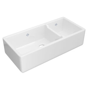 Shaws Lancaster™ 40″ Double Bowl Farmhouse Apron Front Fireclay Kitchen Sink In White (WH)