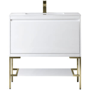 Mantova 35.4″ Single Vanity, Glossy White, Champagne Brass Base w/ Glossy White Composite Stone Top