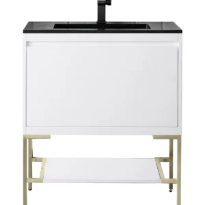 Mantova 31.5″ Single Vanity, Glossy White, Champagne Brass Base w/ Charcoal Black Composite Stone Top