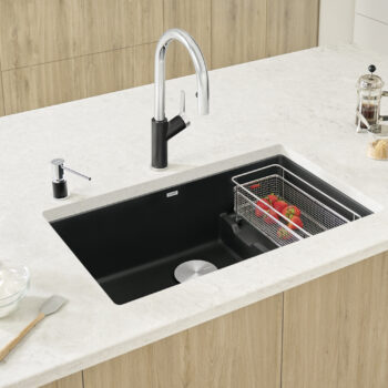 Blanco Precis Cascade SILGRANIT 29" Single Bowl Undermount Kitchen Sink with Colander - Coal Black - Image 2