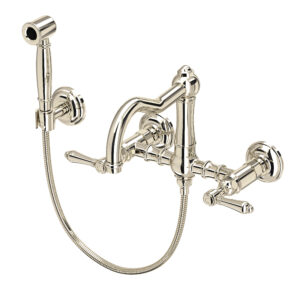 ROHL Acqui® Wall Mount Bridge Kitchen Faucet With Sidespray And Column Spout In Polished Nickel
