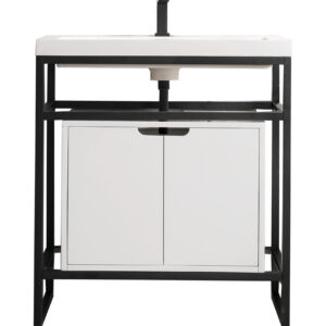 Boston 31.5″ Single Console Vanity, Matte Black, Glossy White Storage, White Glossy Composite Stone
