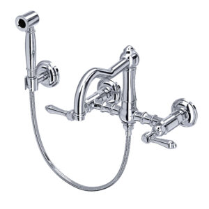 ROHL Acqui® Wall Mount Bridge Kitchen Faucet With Sidespray And Column Spout In Polished Chrome