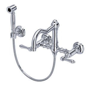 ROHL Acqui® Wall Mount Bridge Kitchen Faucet With Sidespray And Column Spout In Polished Chrome