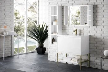 Mantova 31.5" Single Vanity, Glossy White, Champagne Brass Base w/ Glossy White Composite Stone Top - Image 3
